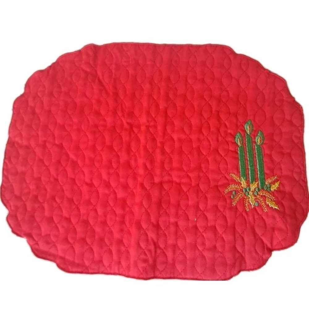 Set Of Two Unbranded Red Quilted Placemats Green Embroidered Candles